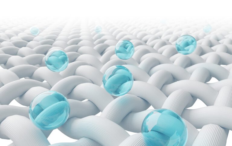 Close up of Water bubble cleans Macro fabric fiber of cloth, 3d rendering.