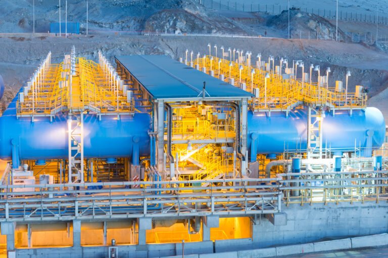 Water tanks and reverse osmosis equipment in a desalination plant.